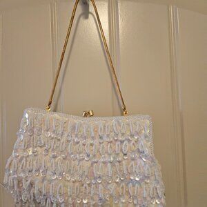 Vintage White Beaded Evening Bag Purse Clutch w/Gold Details